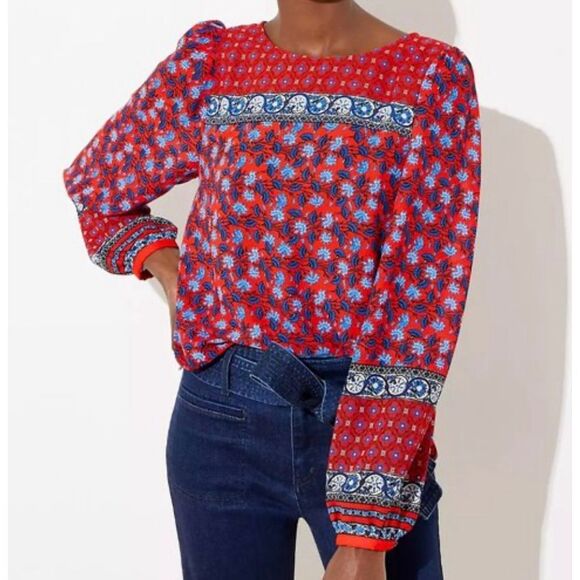 Loft red floral geometric border long sleeve blouse M - Picture 1 of 11